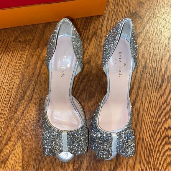 Kate Spade Sela Silver Glitter Bow Peep Toe Pumps - Picture 3 of 7